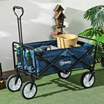Outsunny Pull Along Cart Folding Cargo Wagon Trailer Trolley For Beach Garden Use With Telescopic Handle - Blue