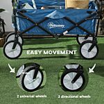 Outsunny Pull Along Cart Folding Cargo Wagon Trailer Trolley For Beach Garden Use With Telescopic Handle - Blue