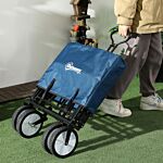 Outsunny Pull Along Cart Folding Cargo Wagon Trailer Trolley For Beach Garden Use With Telescopic Handle - Blue