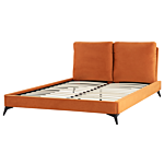 Eu King Size Bed Orange Velvet Upholstery 5ft3 Slatted Base With Thick Padded Headboard With Cushions Beliani