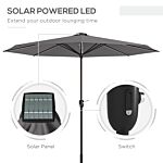 Outsunny Garden Parasol With Led Lights, Solar Charged Patio Umbrella With Crank Handle, For Outdoor, Charcoal Grey