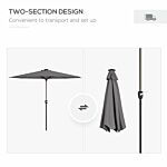 Outsunny Garden Parasol With Led Lights, Solar Charged Patio Umbrella With Crank Handle, For Outdoor, Charcoal Grey