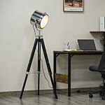 Homcom Industrial Style Adjustable Tripod Floor Lamp, Searchlight Lamp With Wooden Legs And Steel Lampshade, 110-155cm, Black