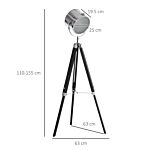 Homcom Industrial Style Adjustable Tripod Floor Lamp, Searchlight Lamp With Wooden Legs And Steel Lampshade, 110-155cm, Black