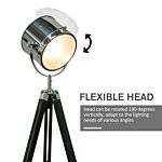 Homcom Industrial Style Adjustable Tripod Floor Lamp, Searchlight Lamp With Wooden Legs And Steel Lampshade, 110-155cm, Black