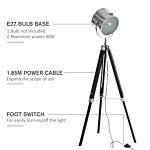 Homcom Industrial Style Adjustable Tripod Floor Lamp, Searchlight Lamp With Wooden Legs And Steel Lampshade, 110-155cm, Black