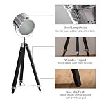 Homcom Industrial Style Adjustable Tripod Floor Lamp, Searchlight Lamp With Wooden Legs And Steel Lampshade, 110-155cm, Black