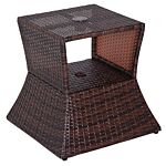 Outsunny Outdoor Patio Rattan Wicker Coffee Table Bistro Side Table W/ Umbrella Hole And Storage Space, Brown