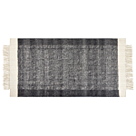 Area Rug Black And Off-white Wool 80 X 150 Cm Rectangular Hand Woven With Tassels Modern Design Beliani