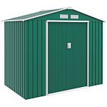 Outsunny 7ft X 4ft Lockable Garden Shed Large Patio Roofed Tool Metal Storage Building Foundation Sheds Box Outdoor Furniture, Green