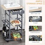 Homcom Kitchen Trolley, Multi-use Kitchen Island W/ 4 Baskets 2 Side Racks 4 Wheels Food Storage Smooth Rolling Compact Furniture Dark Grey