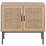 2 Door Sideboard Light Wood Natural Rattan Front 72 X 80 Cm Metal Leg Boho Style Wicker Cabinet Beliani