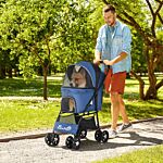 Pawhut Pet Stroller, Dog Cat Travel Carriage, Foldable Carrying Bag With Large Carriage, Universal Wheels, Brake Canopy, Basket Storage Bag Dark Blue