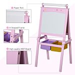 Homcom 3 In 1 Kids Wooden Art Easel With Paper Roll Double-sided Chalkboard & Whiteboard With Storage Baskets Gift For Toddler Girl Age 3 Years+ Pink