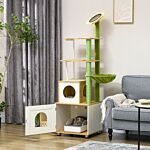 Pawhut Cat Tree With Cat Litter Box For Indoor Cats, Cat Enclosure With Scratching Post, Cat Condo, Hammock, Platforms, Removable Cushions, Oak