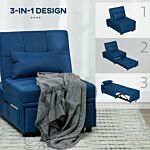 Homcom Convertible Chair Bed W/ Padding Seat, 3-in-1 Multi-functional Sleeper Chair Bed, Recliner W/ Adjustable Backrest, Wheels And Pillow, Blue