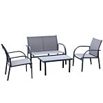 Outsunny 4 Pcs Curved Steel Patio Furniture Set W/ Loveseat, Texteline Seats, Glass Top Table For Party Event, Grey