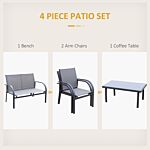 Outsunny 4 Pcs Curved Steel Patio Furniture Set W/ Loveseat, Texteline Seats, Glass Top Table For Party Event, Grey