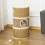 Pawhut Cat Scratching Barrel Kitten Tree Tower Pet Furniture Climbing Frame Covered With Sisal And Seaweed Rope Cozy Platform Soft Plush