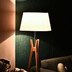 Homcom Tripod Floor Lamp Light E27 Base Bedroom Living Room Natural Wooden Fabric Shade Storage Shelf Foot Switch, 156cm, White