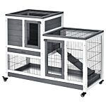 Pawhut Indoor Wooden Rabbit Hutch Guinea Pigs House Bunny Small Animal Cage W/ Wheels Enclosed Run 110 X 50 X 86 Cm