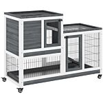 Pawhut Indoor Wooden Rabbit Hutch Guinea Pigs House Bunny Small Animal Cage W/ Wheels Enclosed Run 110 X 50 X 86 Cm