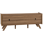 Sideboard Light Wood Veneer 56 X 147 X 42 Cm With 2 White Sliding Doors And 2 Grey Drawers Beliani