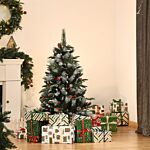 Homcom 4ft Artificial Snow Dipped Christmas Tree Xmas Pencil Tree Holiday Home Party Decoration With Foldable Feet Red Berries White Pinecones, Green