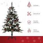 Homcom 4ft Artificial Snow Dipped Christmas Tree Xmas Pencil Tree Holiday Home Party Decoration With Foldable Feet Red Berries White Pinecones, Green