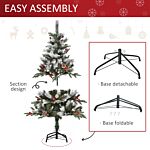 Homcom 4ft Artificial Snow Dipped Christmas Tree Xmas Pencil Tree Holiday Home Party Decoration With Foldable Feet Red Berries White Pinecones, Green