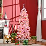 Homcom 5' Tall Prelit Pencil Slim Artificial Christmas Tree With Realistic Branches, 250 Warm White Led Lights And 408 Tips, Xmas Decoration, Pink