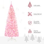 Homcom 5' Tall Prelit Pencil Slim Artificial Christmas Tree With Realistic Branches, 250 Warm White Led Lights And 408 Tips, Xmas Decoration, Pink