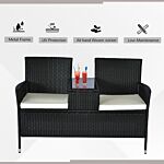 Outsunny 2 Seater Rattan Campanion Chair Wicker Loveseat Outdoor Patio Armchair With Drink Table Garden Furniture - Black