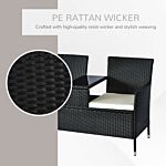 Outsunny 2 Seater Rattan Campanion Chair Wicker Loveseat Outdoor Patio Armchair With Drink Table Garden Furniture - Black