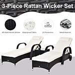 Outsunny 3 Pieces Patio Lounge Chair Set Garden Wicker Wheeling Recliner Outdoor Daybed, Pe Rattan Lounge Chairs W/ Cushions & Side Coffee Table Black