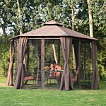 Outsunny Hexagon Gazebo Patio Canopy Party Tent Outdoor Garden Shelter W/ 2 Tier Roof & Side Panel - Brown