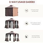 Outsunny Hexagon Gazebo Patio Canopy Party Tent Outdoor Garden Shelter W/ 2 Tier Roof & Side Panel - Brown