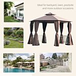 Outsunny Hexagon Gazebo Patio Canopy Party Tent Outdoor Garden Shelter W/ 2 Tier Roof & Side Panel - Brown