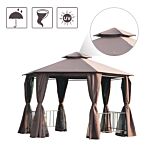 Outsunny Hexagon Gazebo Patio Canopy Party Tent Outdoor Garden Shelter W/ 2 Tier Roof & Side Panel - Brown