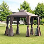 Outsunny Hexagon Gazebo Patio Canopy Party Tent Outdoor Garden Shelter W/ 2 Tier Roof & Side Panel - Brown