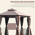 Outsunny Hexagon Gazebo Patio Canopy Party Tent Outdoor Garden Shelter W/ 2 Tier Roof & Side Panel - Brown