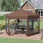 Outsunny 3x3.5m Hexagonal Pop Up Gazebo Party Canopy Height Adjustable Tent Sun Shelter W/ Mosquito Netting Zipped Door, Brown