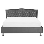 Eu King Size Bed Dark Grey Velvet 5ft3 Upholstered Frame Nailhead Trim Crystal Buttons Headrest Beliani