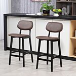 Homcom Bar Stools Set Of 2, Modern Breakfast Bar Chairs, Faux Leather Upholstered Kitchen Stools With Backs And Wood Legs, Brown