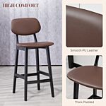 Homcom Bar Stools Set Of 2, Modern Breakfast Bar Chairs, Faux Leather Upholstered Kitchen Stools With Backs And Wood Legs, Brown