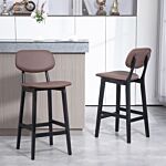 Homcom Bar Stools Set Of 2, Modern Breakfast Bar Chairs, Faux Leather Upholstered Kitchen Stools With Backs And Wood Legs, Brown