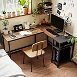 Homcom L-shaped Computer Desk Industrial Cornor Writing Desk With Adjustable Storage Shelf Space-saving Home Office Workstation Rustic Brown