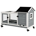 Pawhut Wooden Rabbit Hutch, Guinea Pig Cage, With Removable Tray, Wheels - Grey