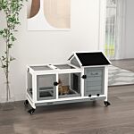 Pawhut Wooden Rabbit Hutch, Guinea Pig Cage, With Removable Tray, Wheels - Grey
