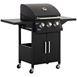 Outsunny 3 Burner Gas Bbq Grill Outdoor Portable Barbecue Trolley W/ Warming Rack, Side Shelves, Storage Cabinet, Thermometer, Carbon Steel, Black